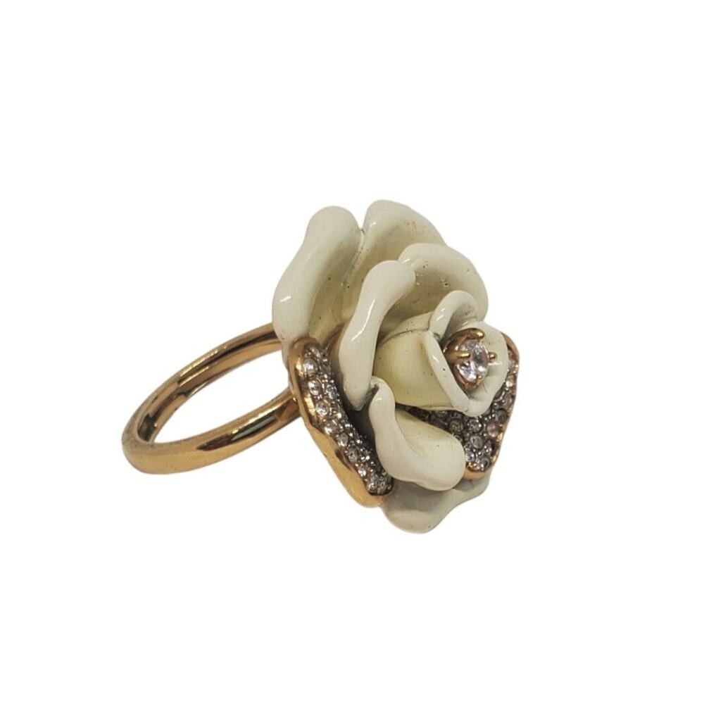 Juicy Couture Rose Cocktail Ring Vintage Y2K White Enamel 14K Gold Plated